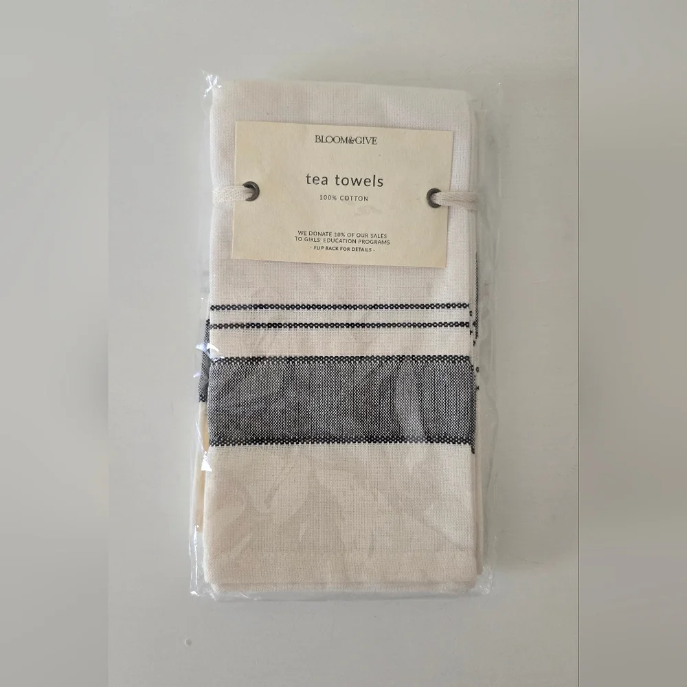 Bloom & Give Tea Towels – 100% Cotton Striped Kitchen Towels (New in Package)